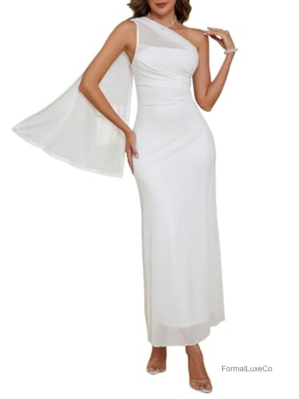 One Shoulder Bodycon Maxi Dress with Scarf Sleeveless Formal Bridesmaid
